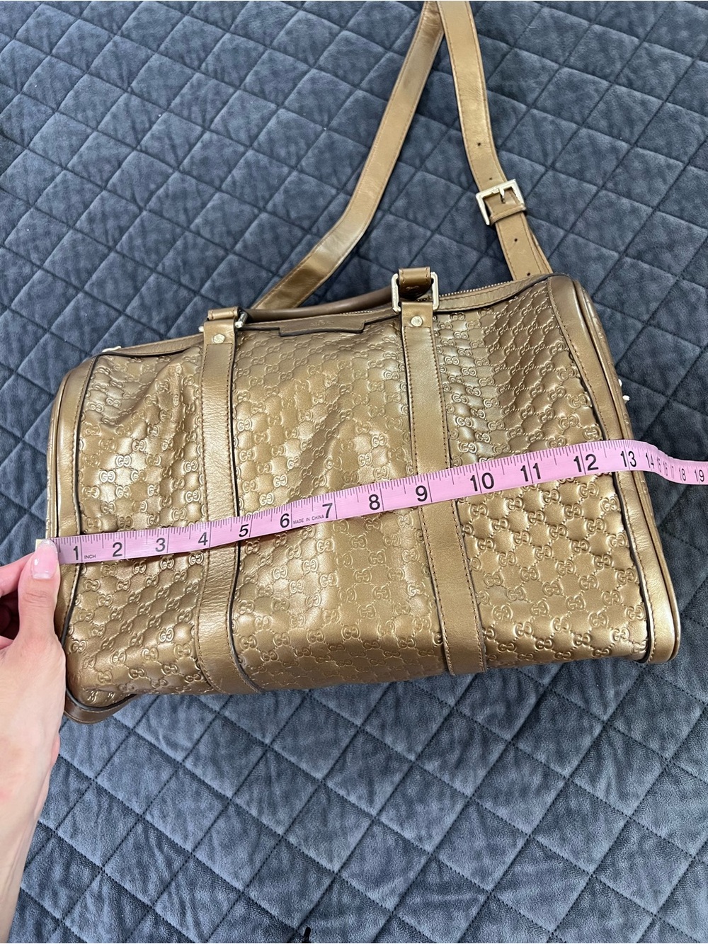 Gucci Boston Purse Metallic Bronze Duffle Bag Style Gold Crossbody Strap - Picture 9 of 16